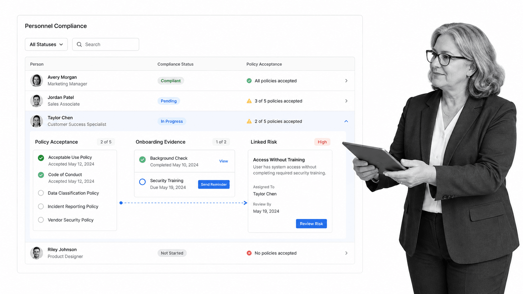 Secureframe personnel compliance view with policy acceptance and evidence task