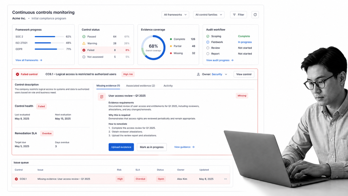 Vanta continuous controls view with evidence issue and remediation queue