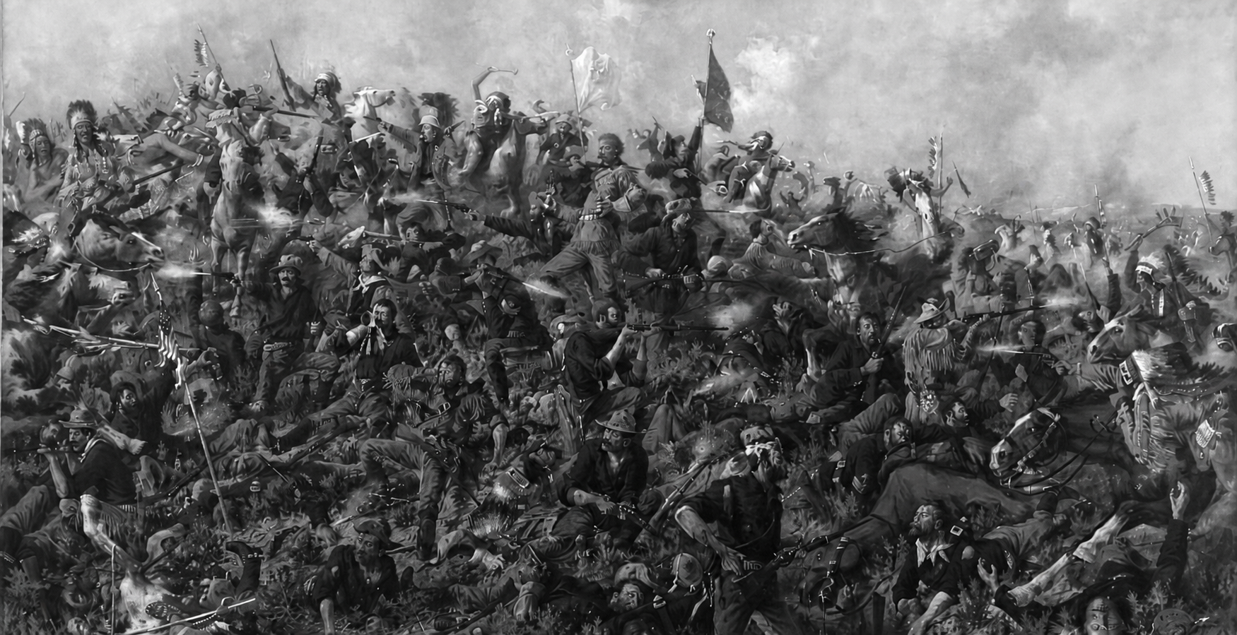 Archival grayscale reproduction of Custer's Last Stand by Edgar Samuel Paxson