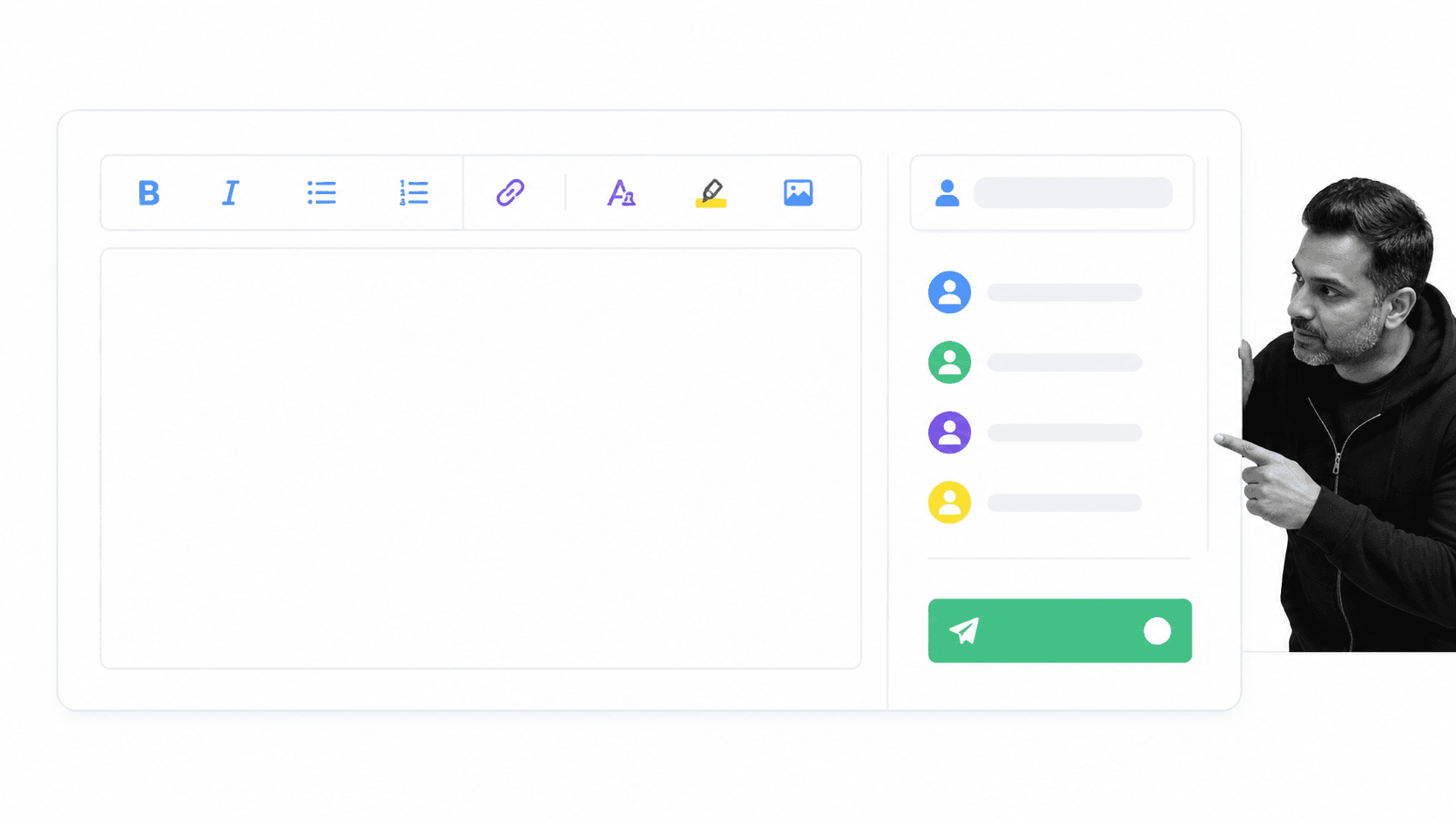 Rich email editor with formatting tools and recipient controls