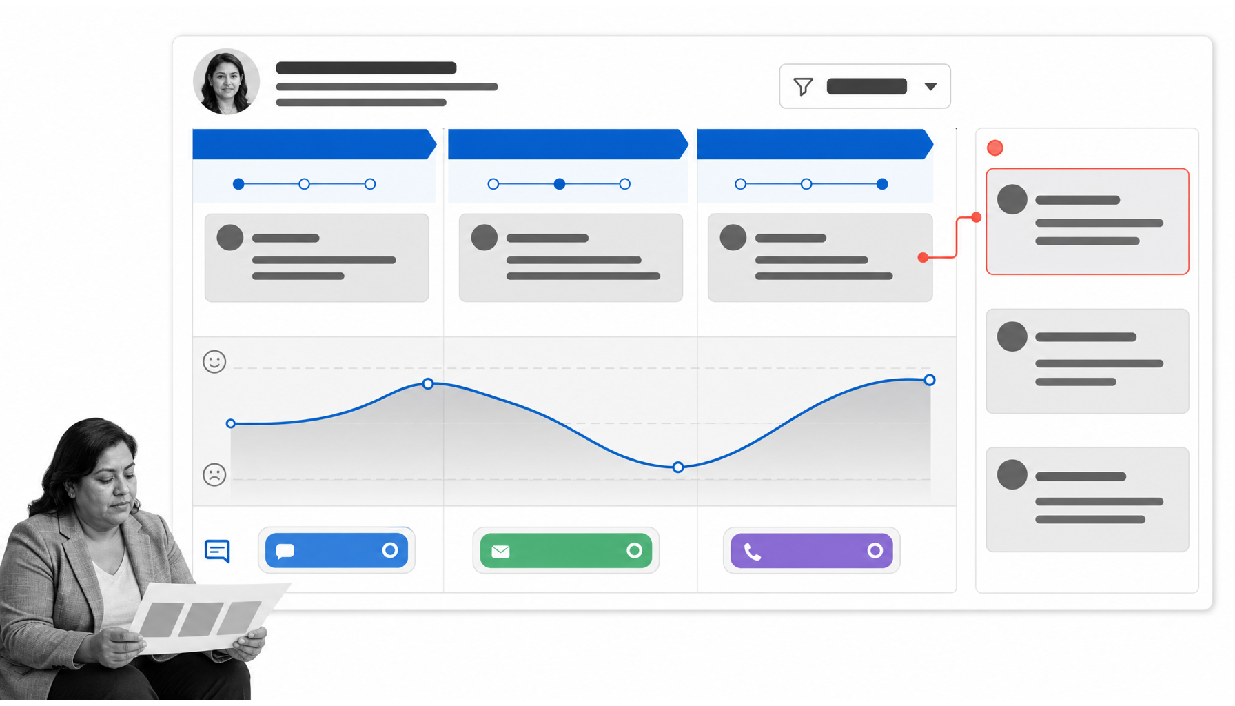 UXPressia customer journey map with rich sections, persona filtering, and improvement opportunities