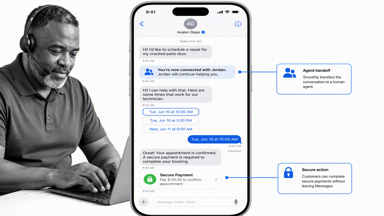 Apple Messages for Business conversation with agent handoff and secure action