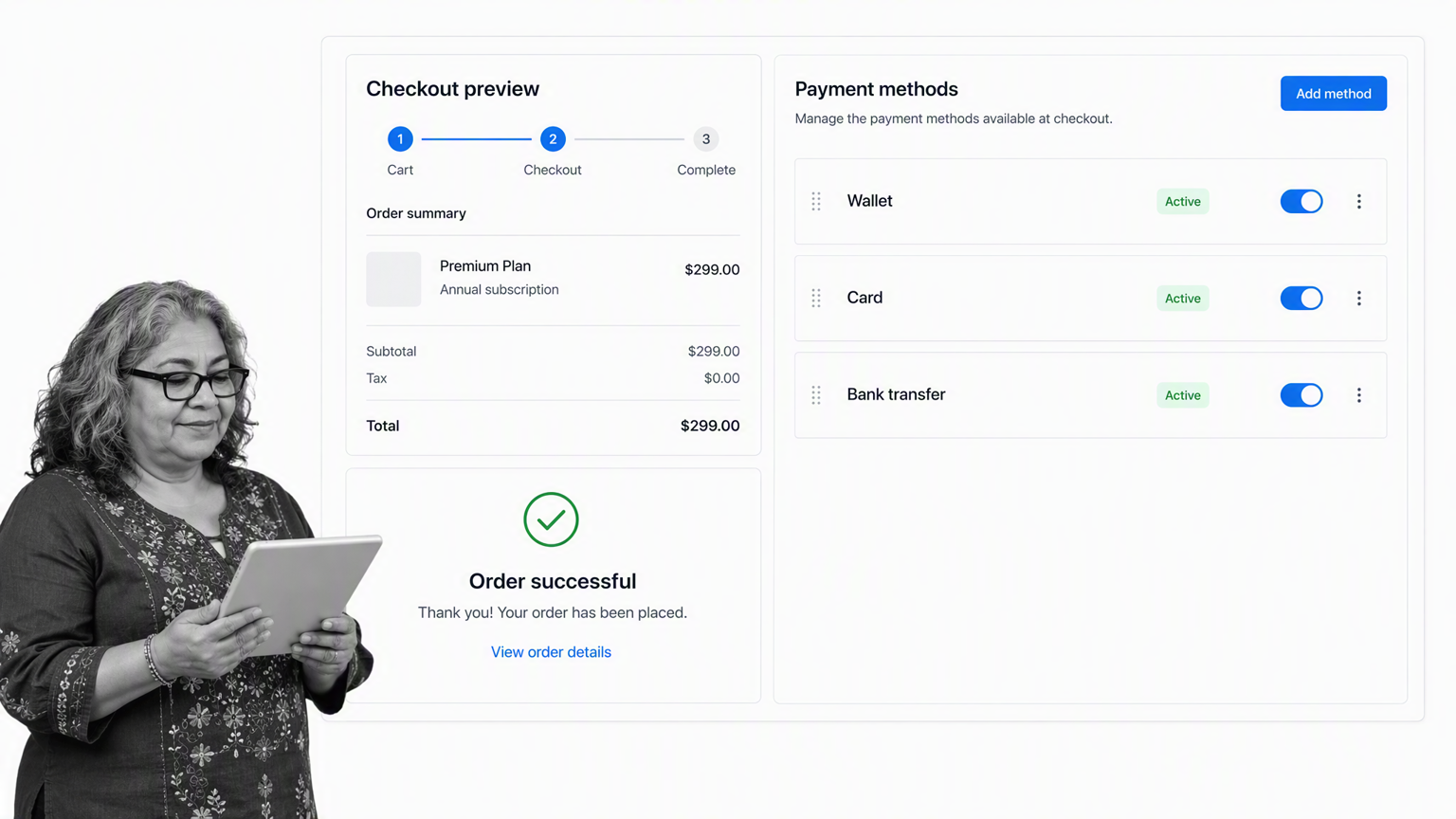 PayPal checkout payment method management with a completed order