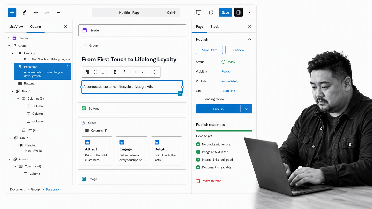 WordPress block editor with content outline and publishing controls