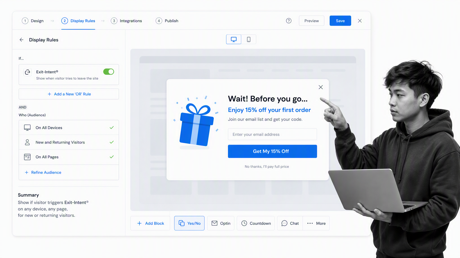 OptinMonster campaign builder with exit-intent targeting rule