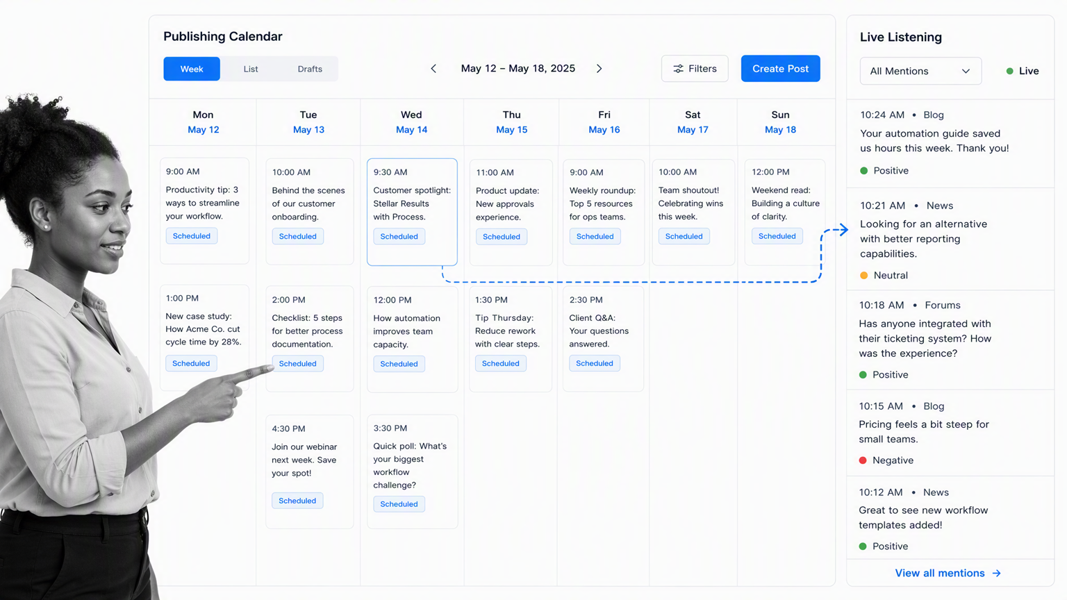 Hootsuite social publishing calendar and listening stream