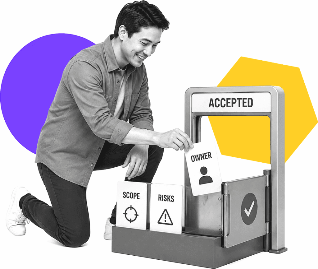 Onboarding manager placing labeled handoff cards into an acceptance checkpoint.