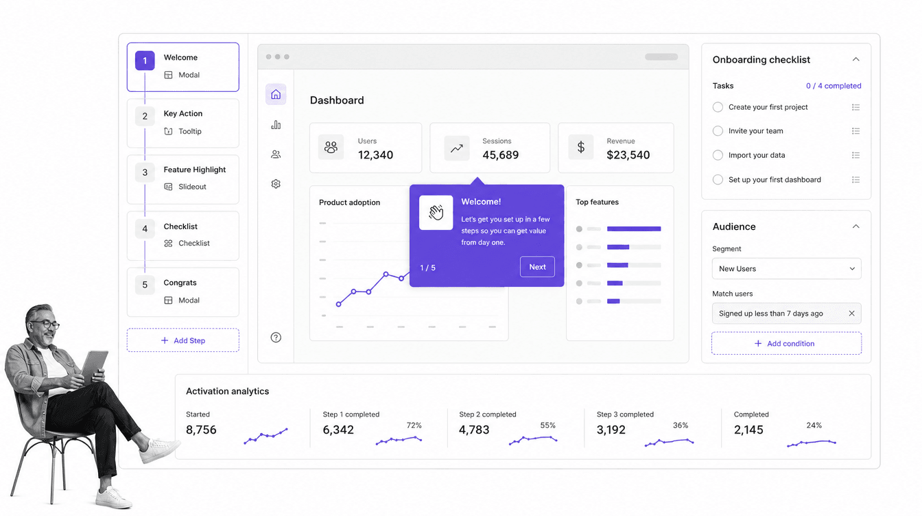 Userpilot in-app onboarding flow builder with checklist, audience segment, preview, and activation analytics
