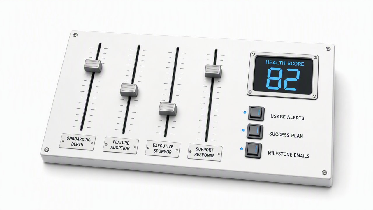 A control console with four sliders labeled Onboarding Depth, Feature Adoption, Executive Sponsor and Support Response, three toggle switches for usage alerts, success plan and milestone emails, and a readout showing Health Score 82