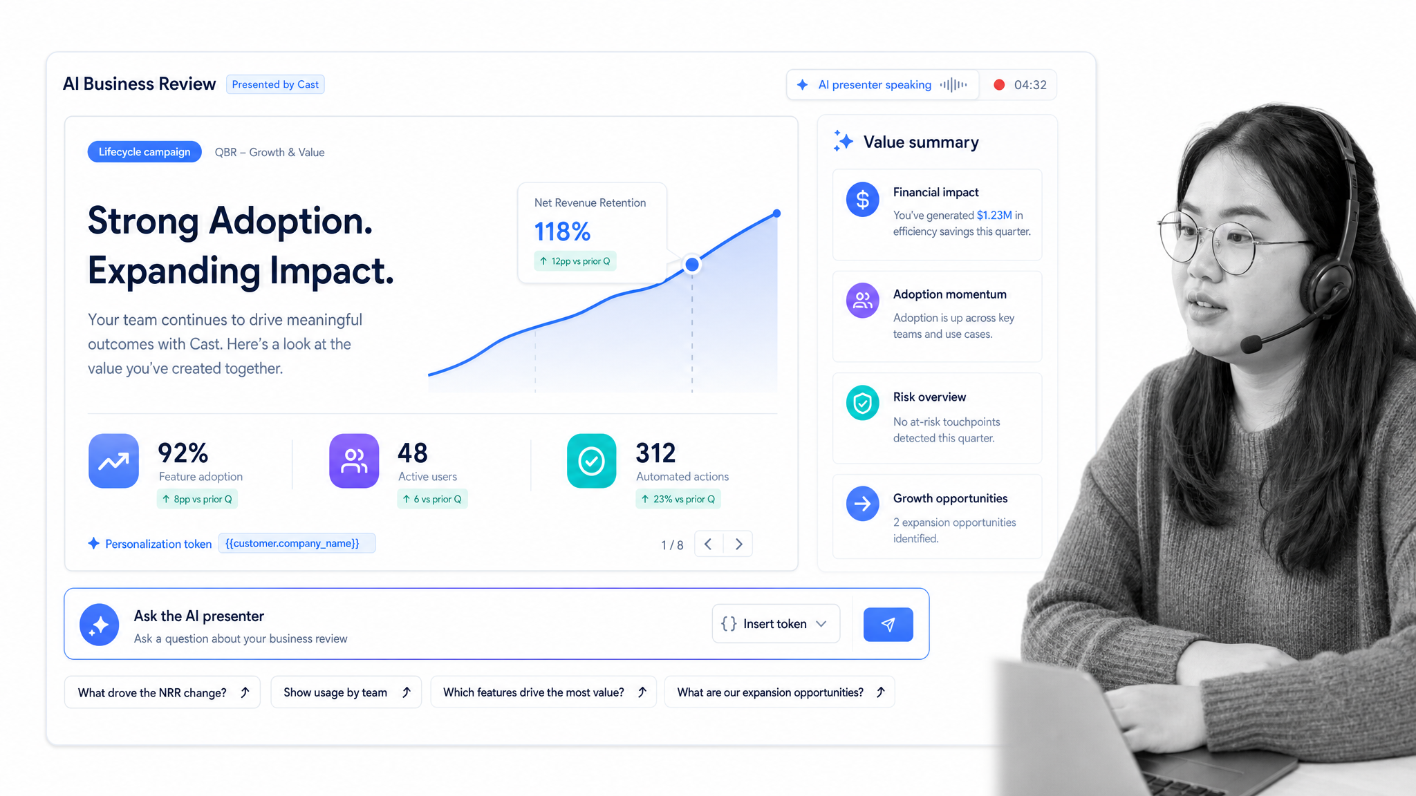 Cast.app AI-presented customer business review with value summary and ask prompt