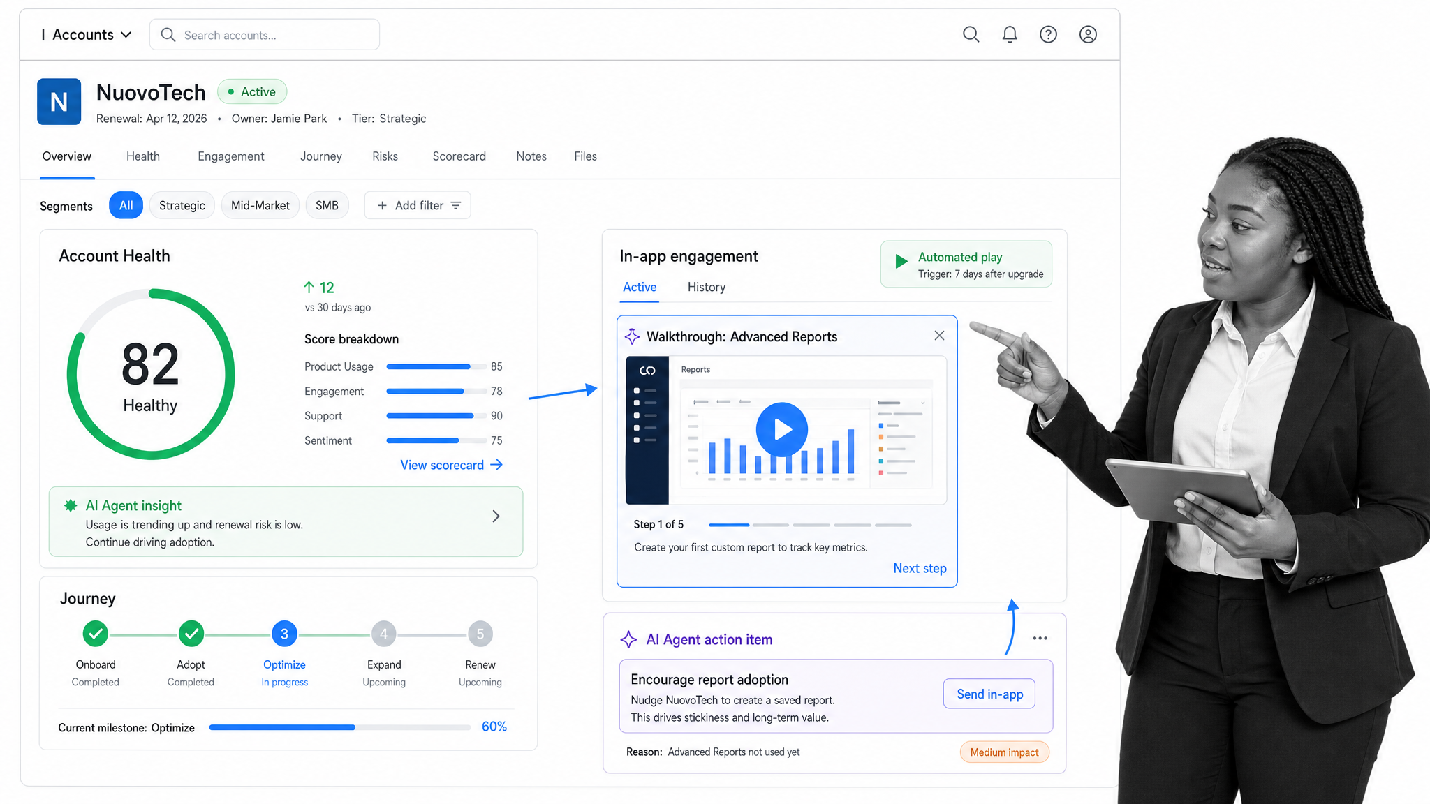 ChurnZero customer health dashboard with account score and in-app engagement