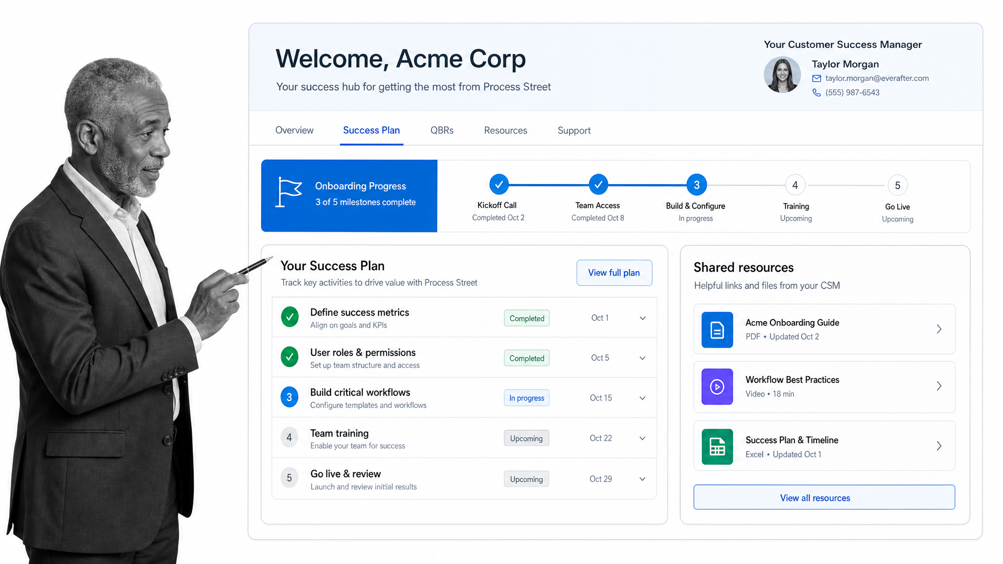 EverAfter branded customer success hub with a success plan and shared resources