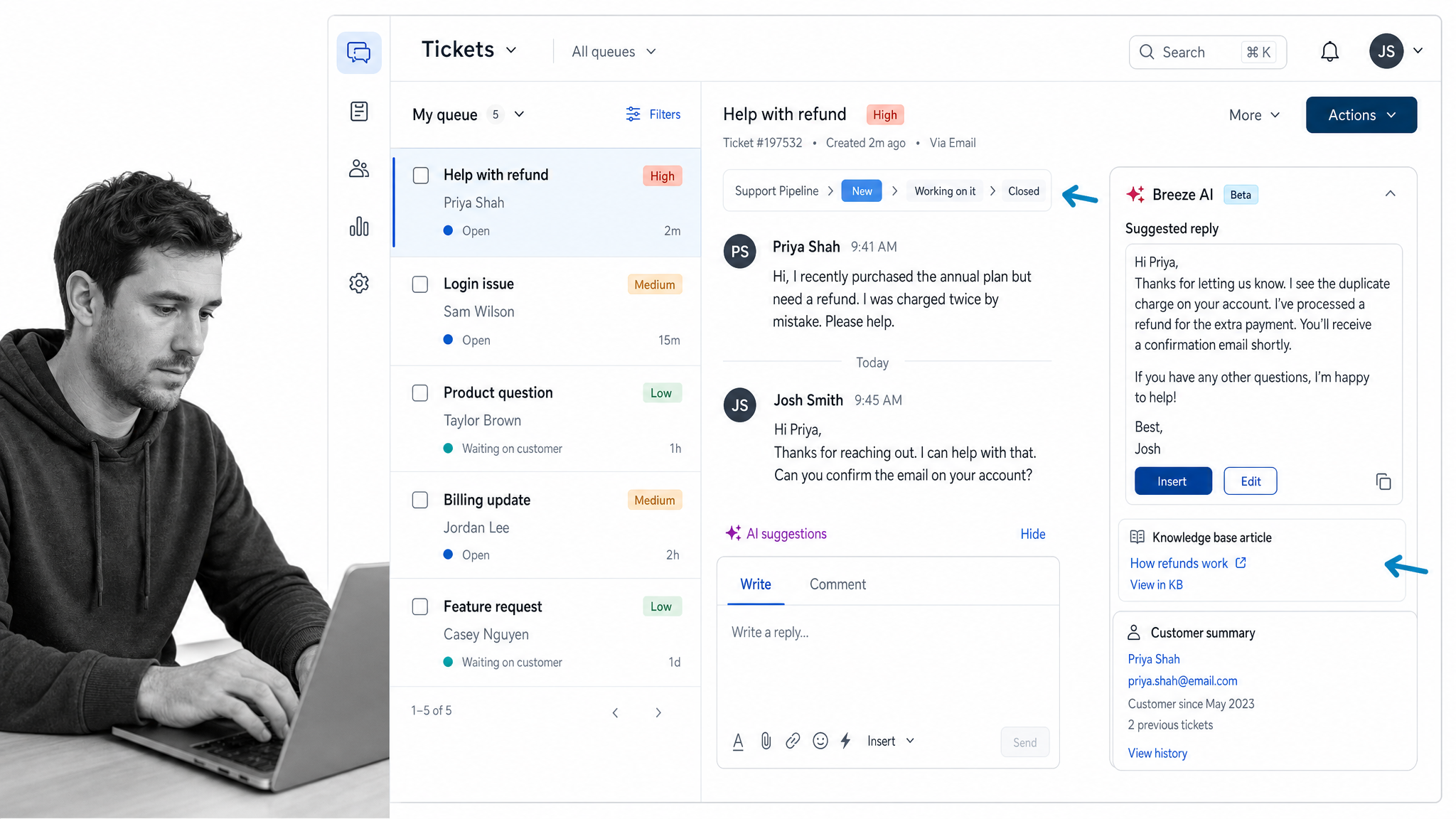 HubSpot Service Hub help desk ticket queue with Breeze AI suggestion