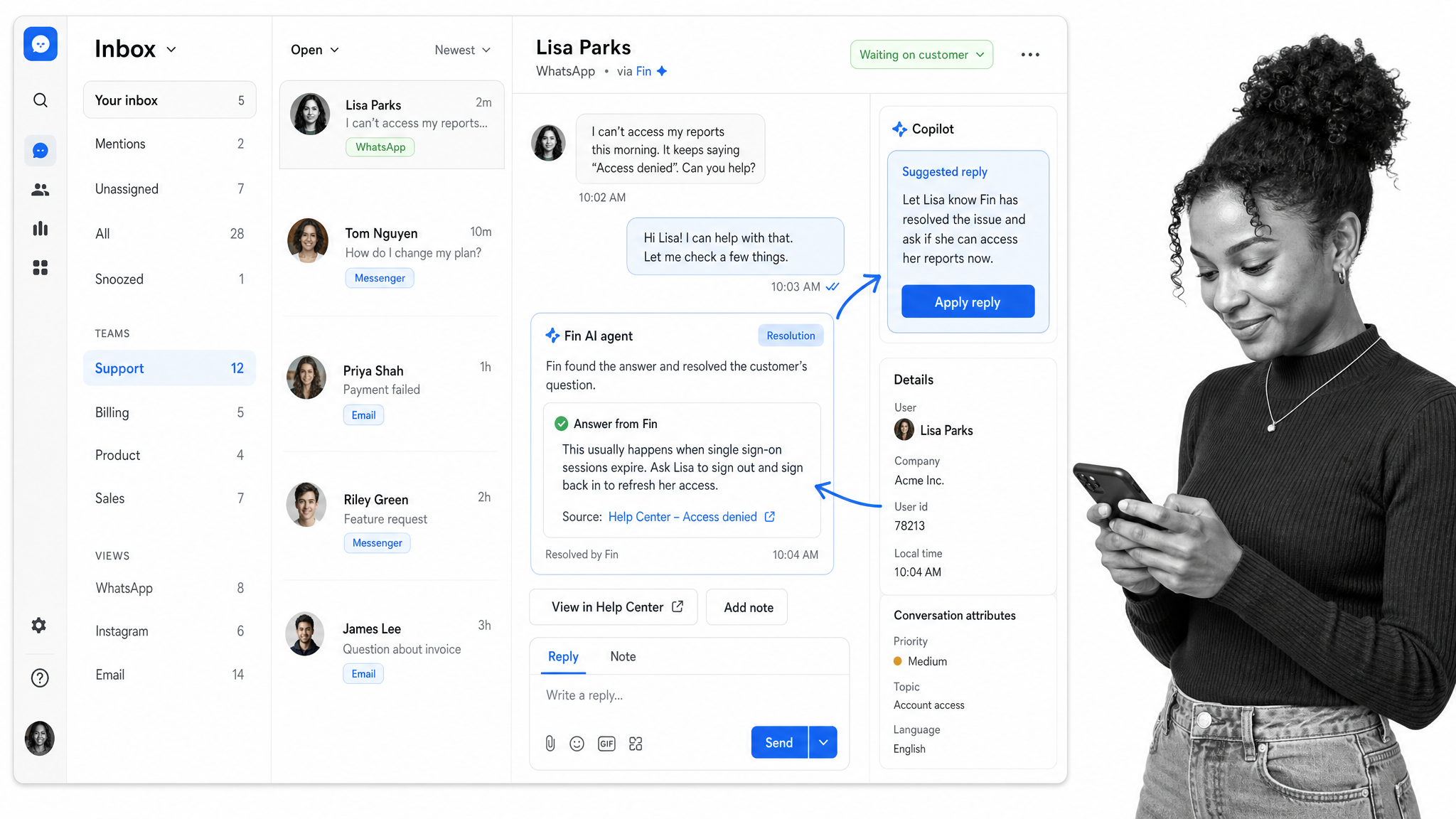 Intercom inbox with Fin AI agent resolving a customer chat