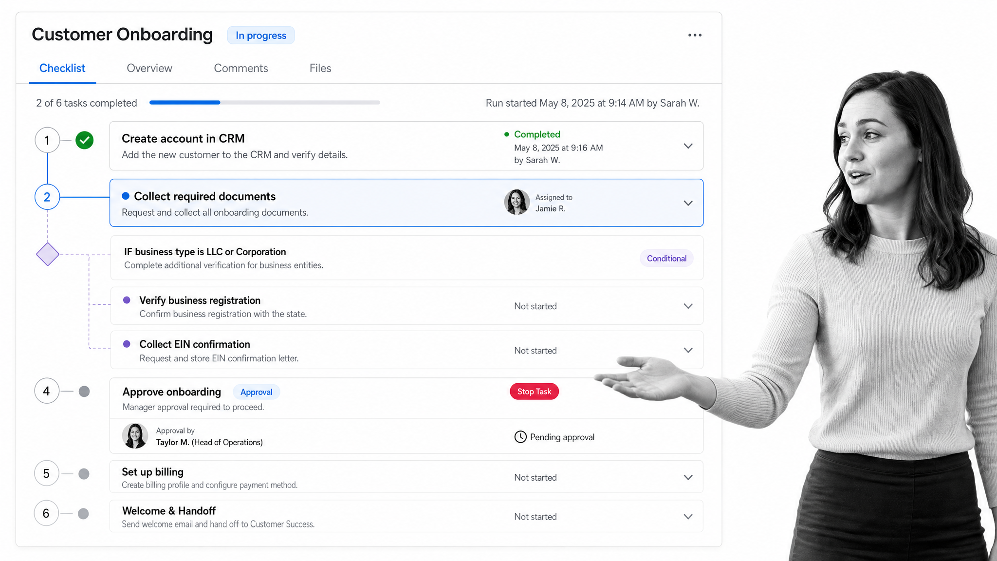 Process Street workflow checklist with sequential onboarding tasks and a stop-task approval