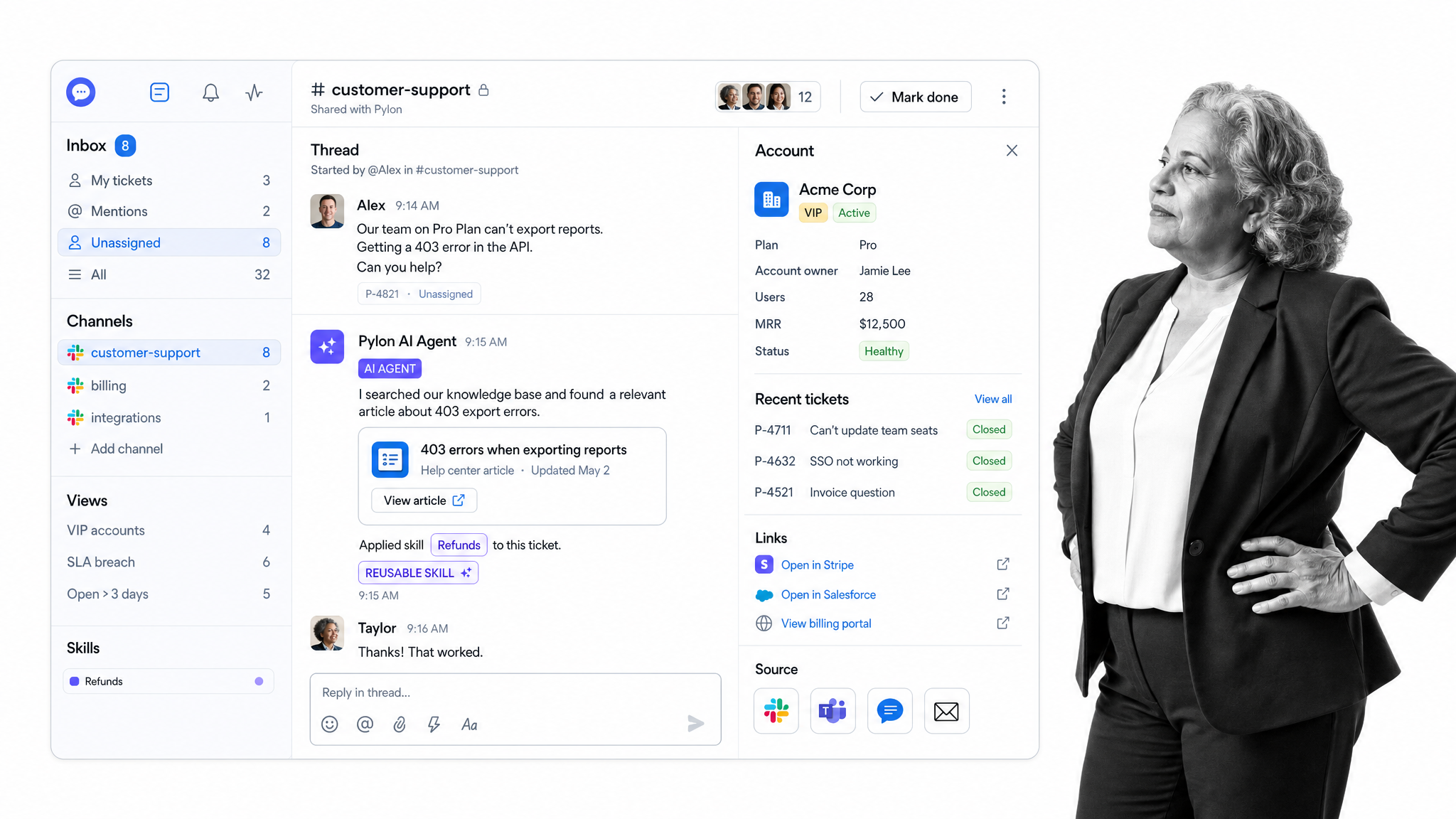 Pylon B2B support inbox with shared Slack channel thread and AI agent