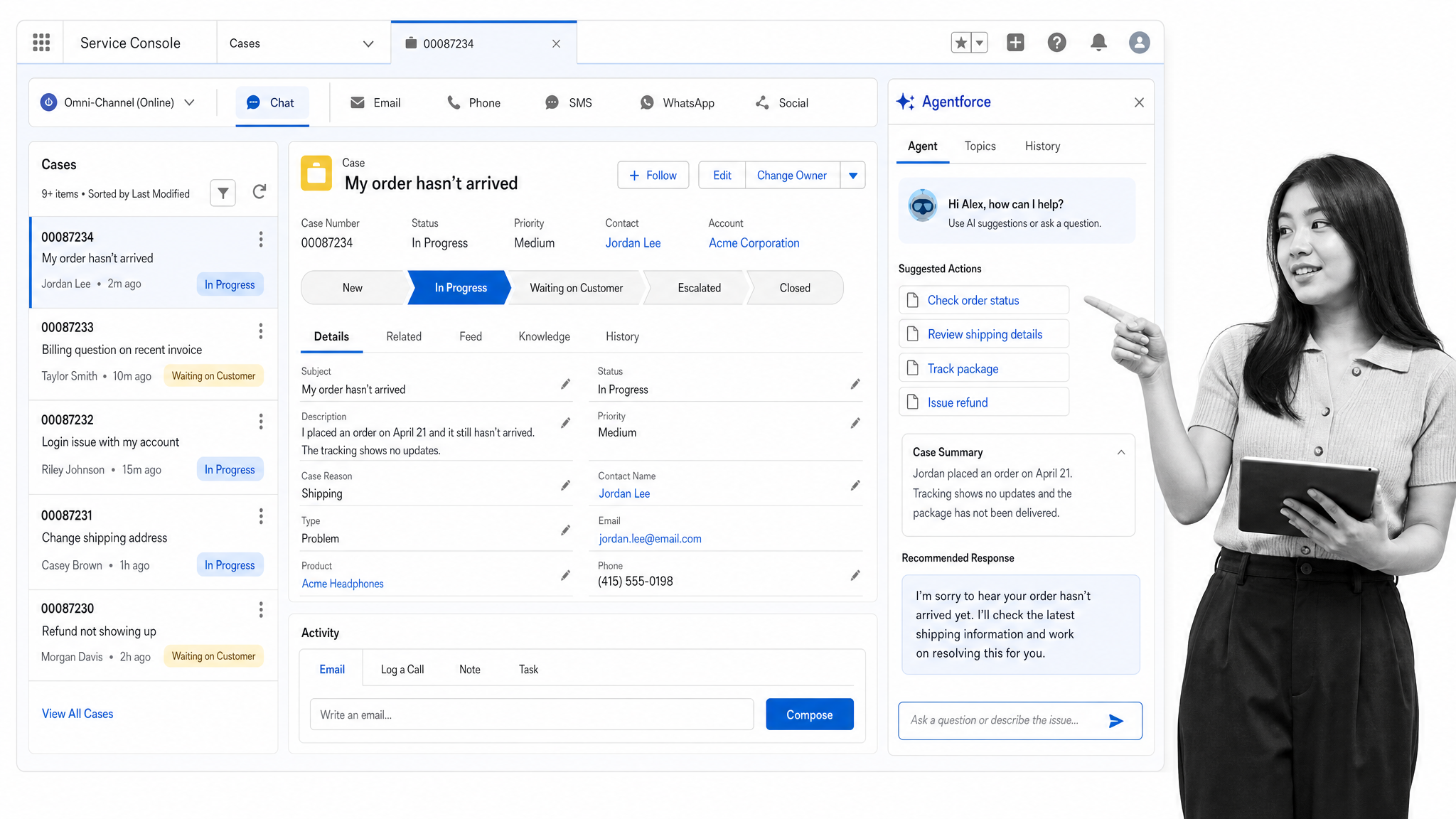 Salesforce Service Cloud case console with Agentforce service agent panel