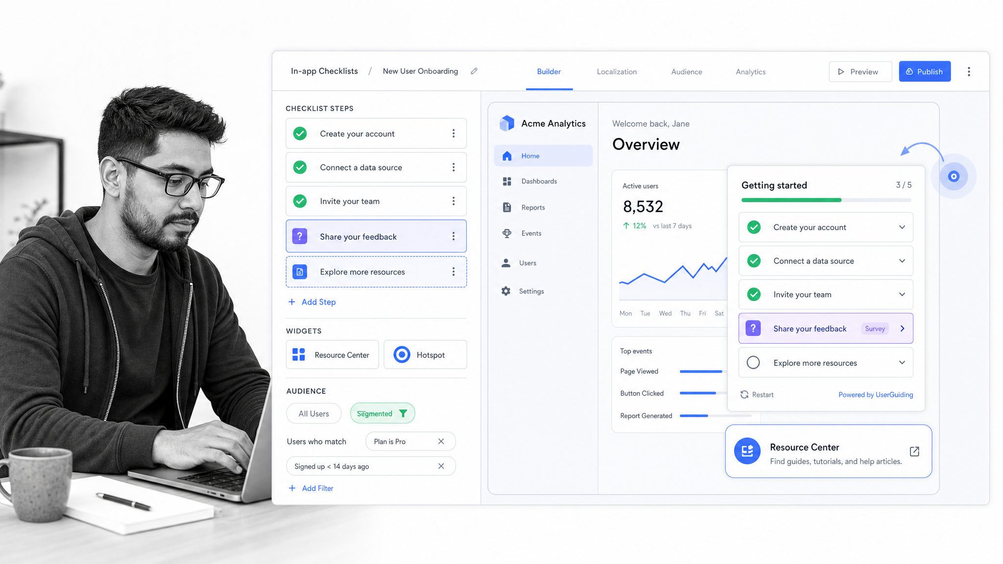 UserGuiding no-code in-app onboarding checklist builder overlay