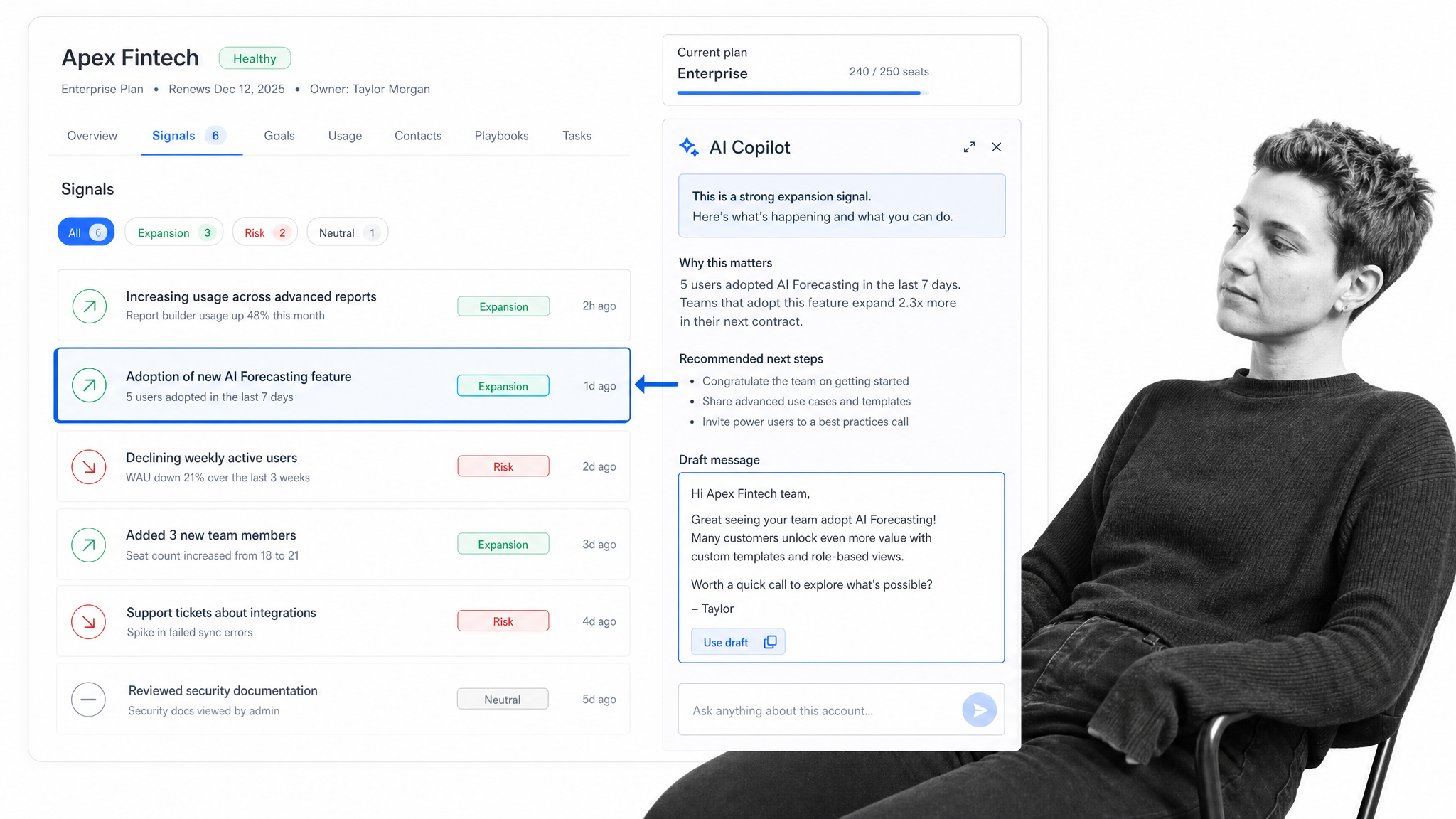 Velaris customer success platform with AI copilot and churn and expansion signals