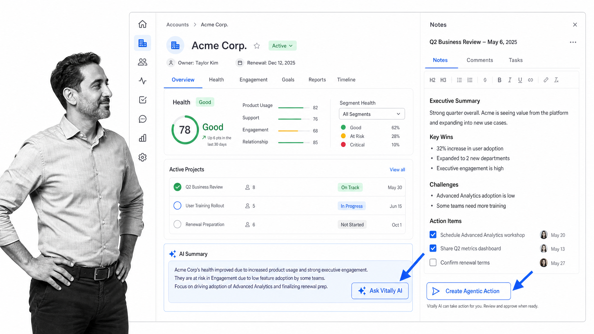 Vitally customer success workspace with account health and notes with AI summary