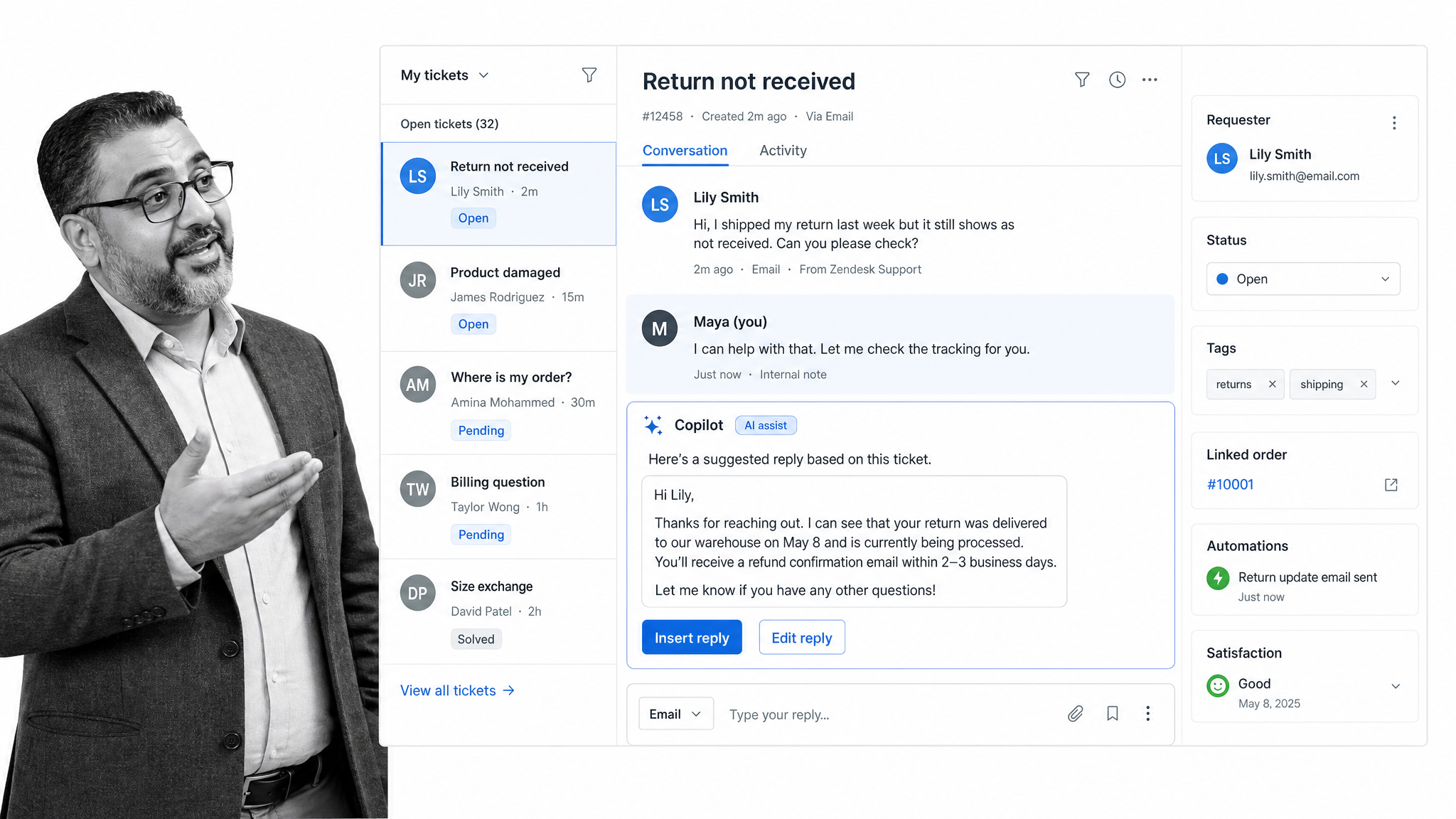 Zendesk agent workspace ticket with AI Copilot reply suggestion