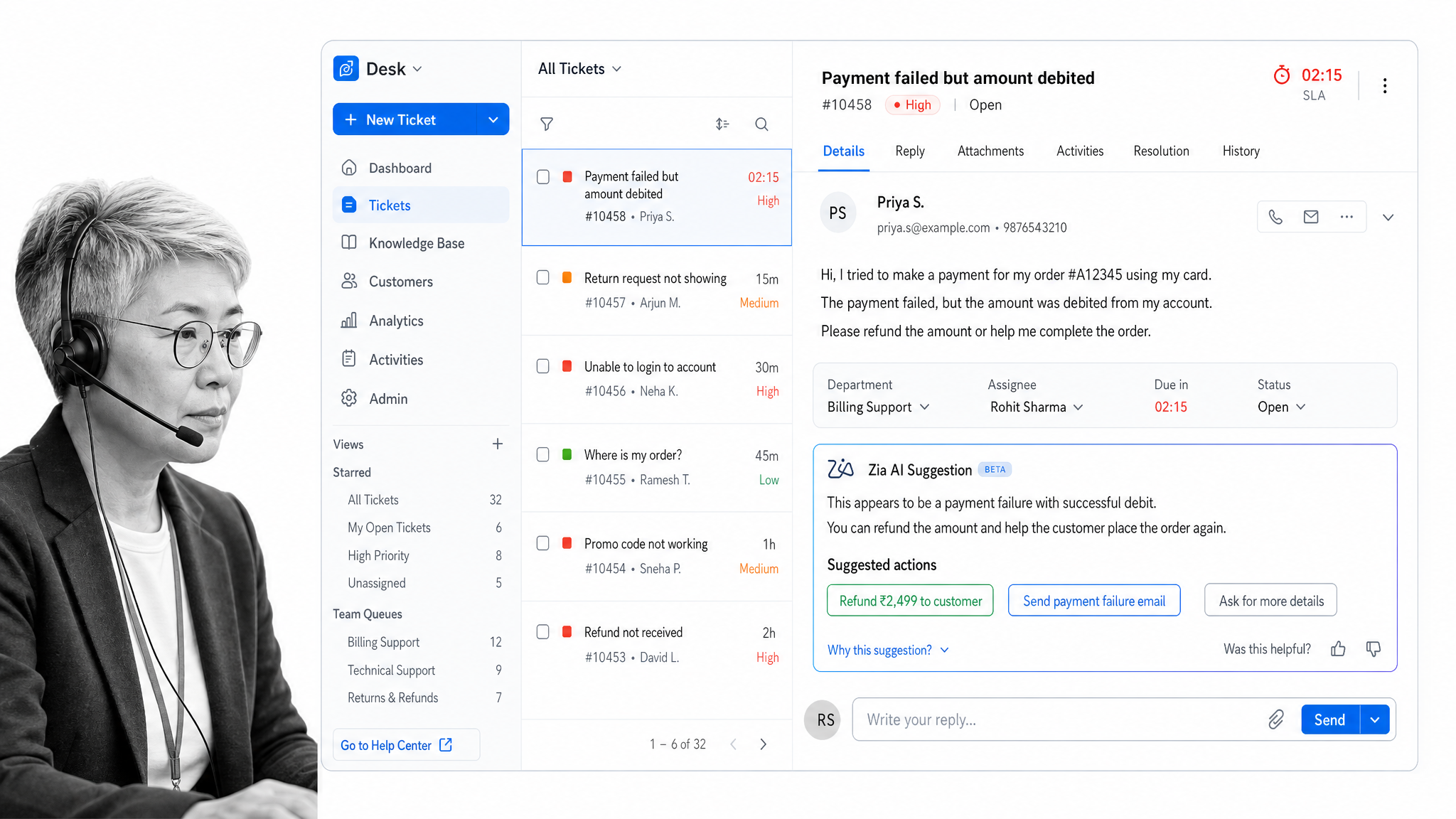 Zoho Desk ticket queue with Zia AI suggestion and SLA timer