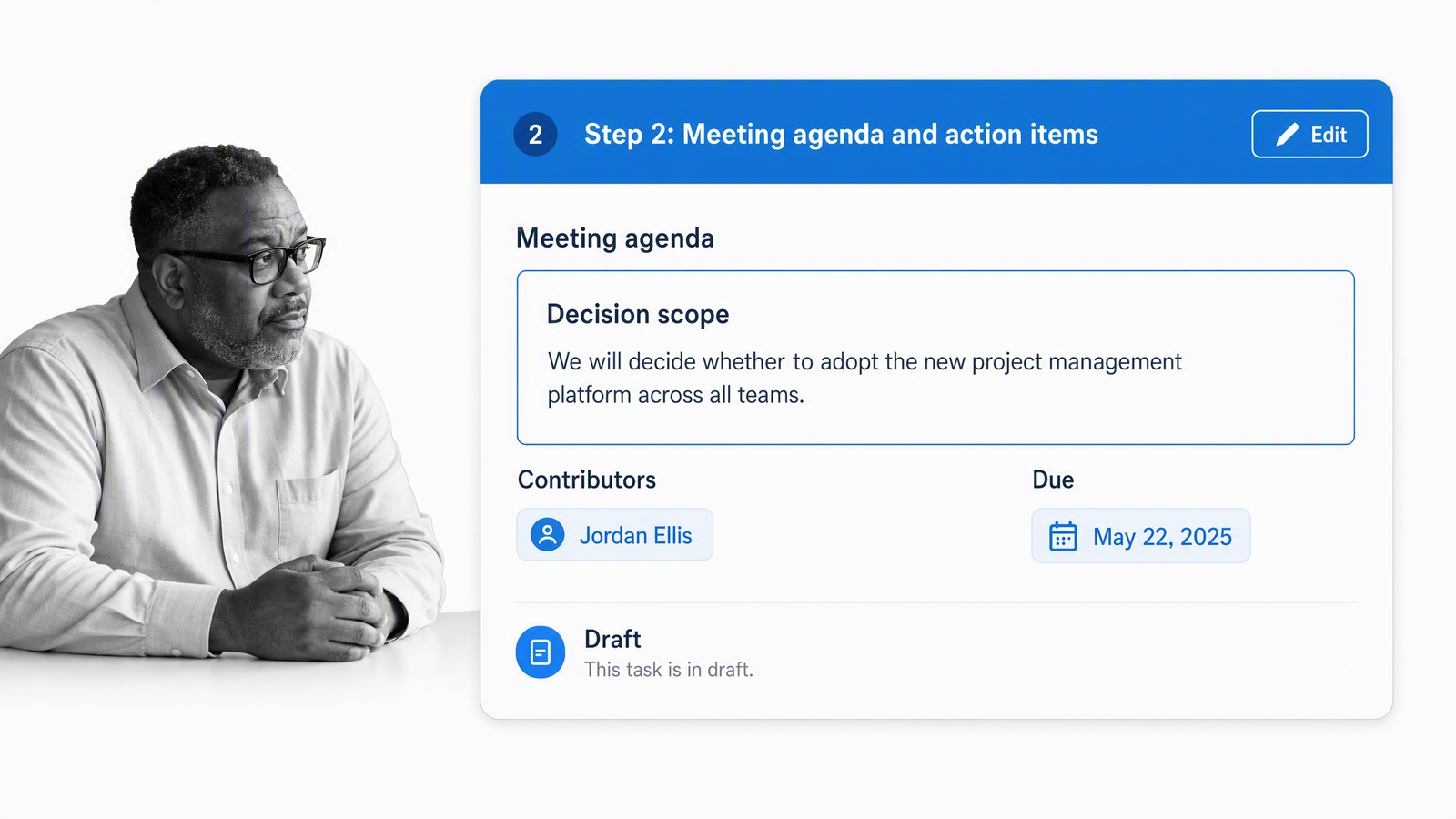 DACI meeting agenda defining scope, contributors, and due date