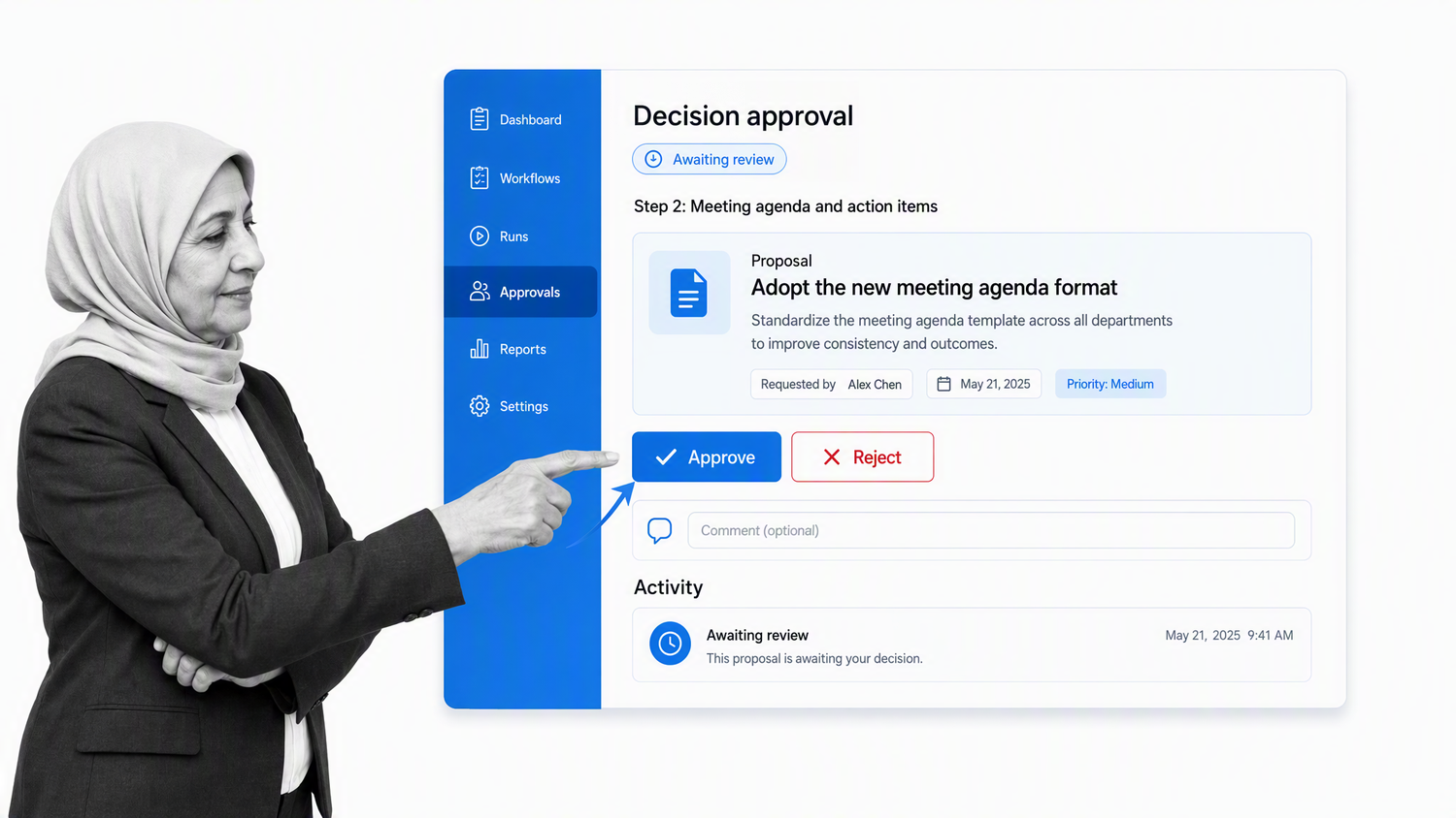 Approver reviewing a proposal through one decision approval gate