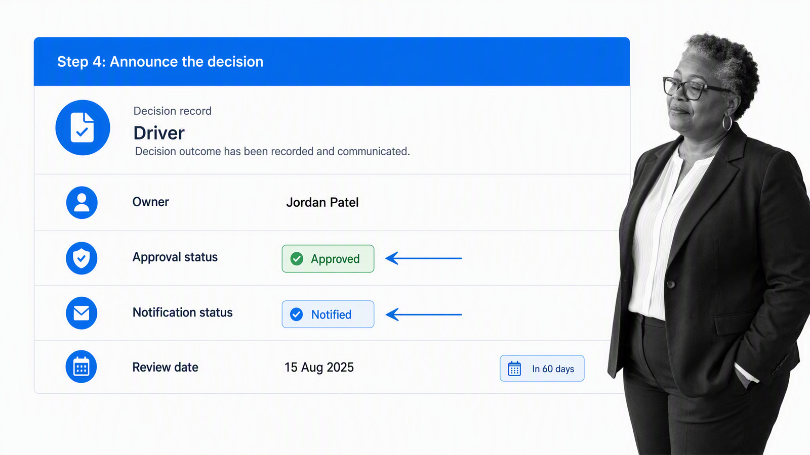 Completed DACI decision record with approval and review status