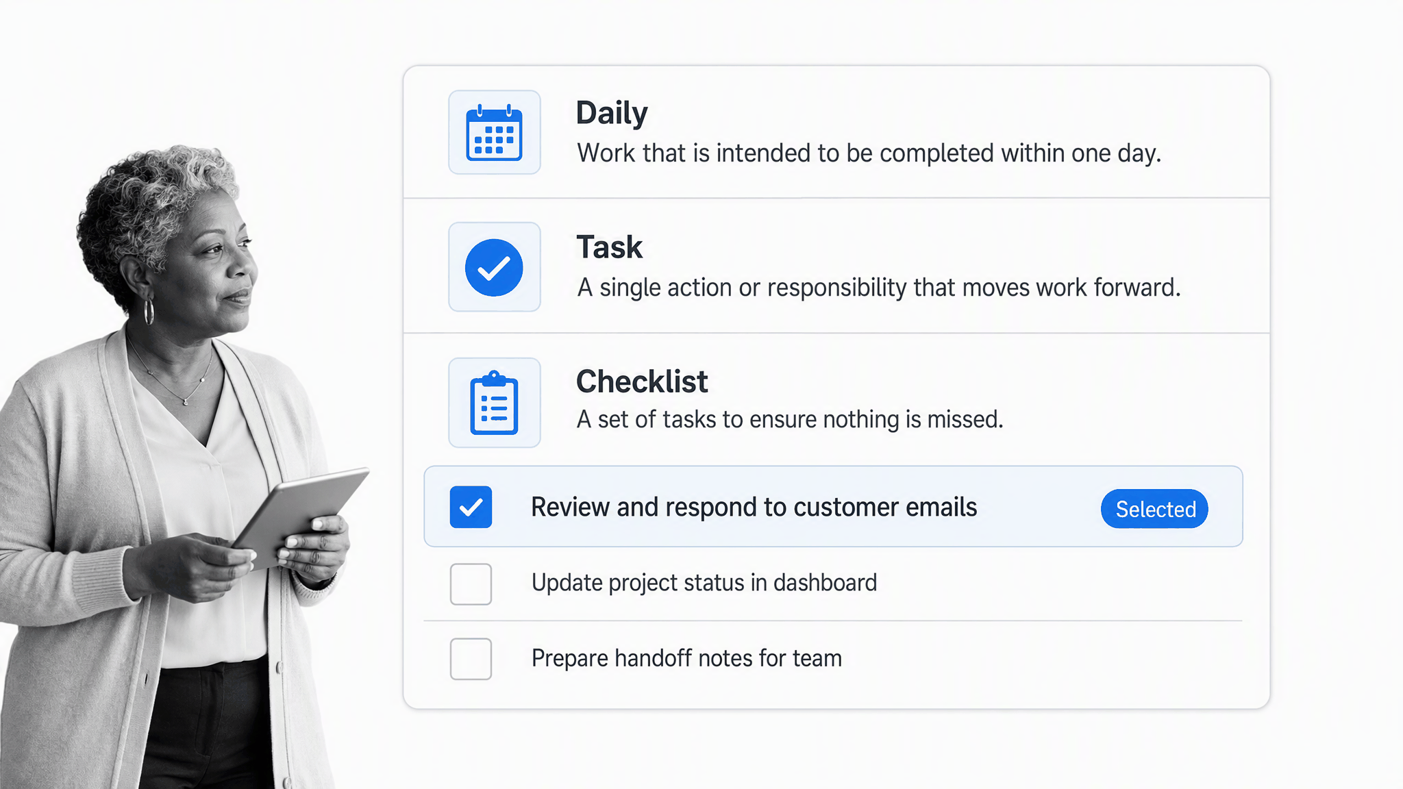 Daily checklist with priorities and completed tasks