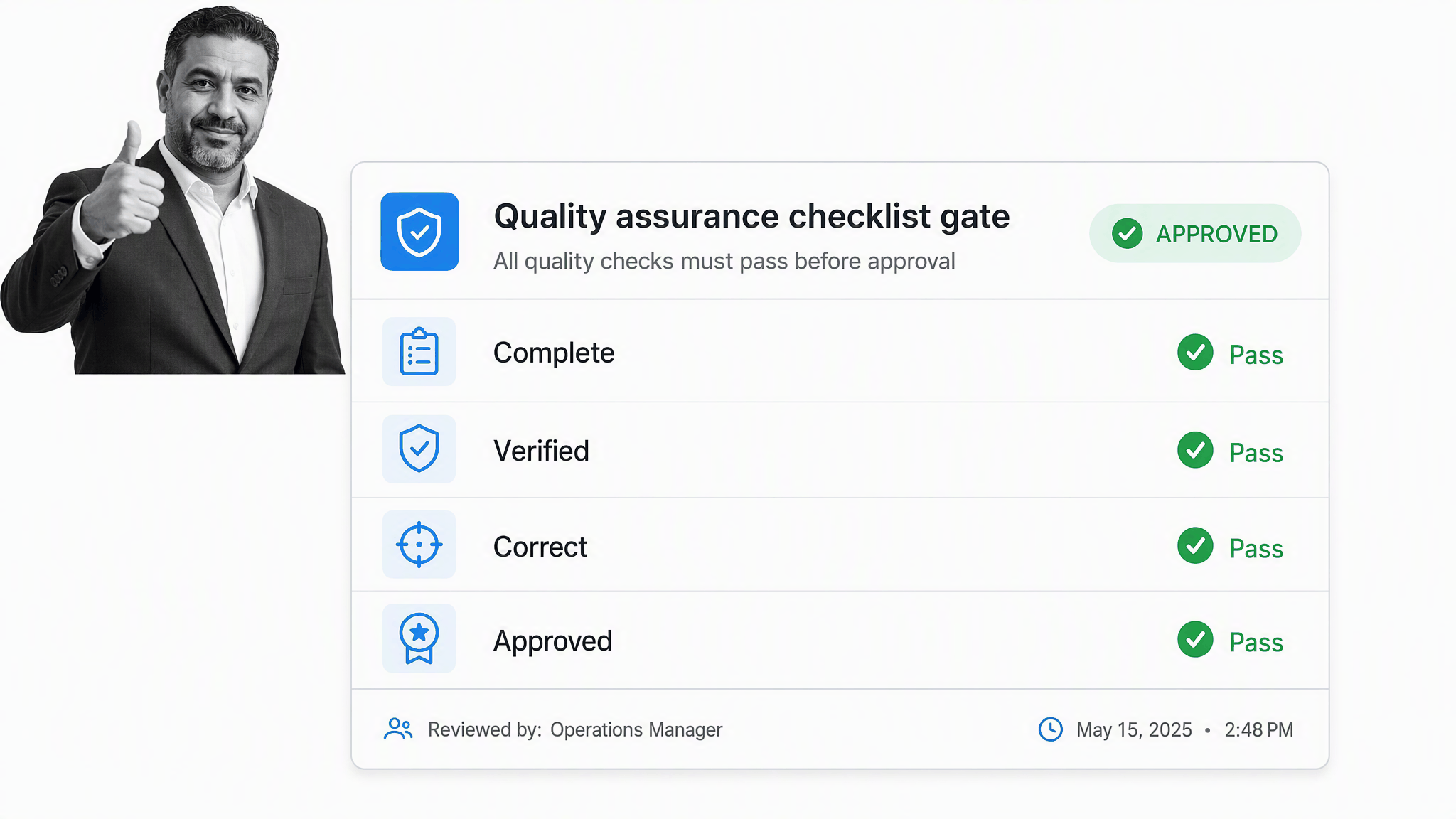 Quality control checklist beside completed work