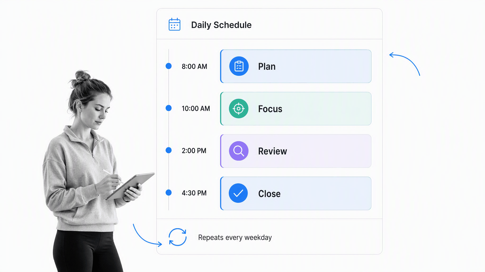 Daily tasks arranged across a clear time plan