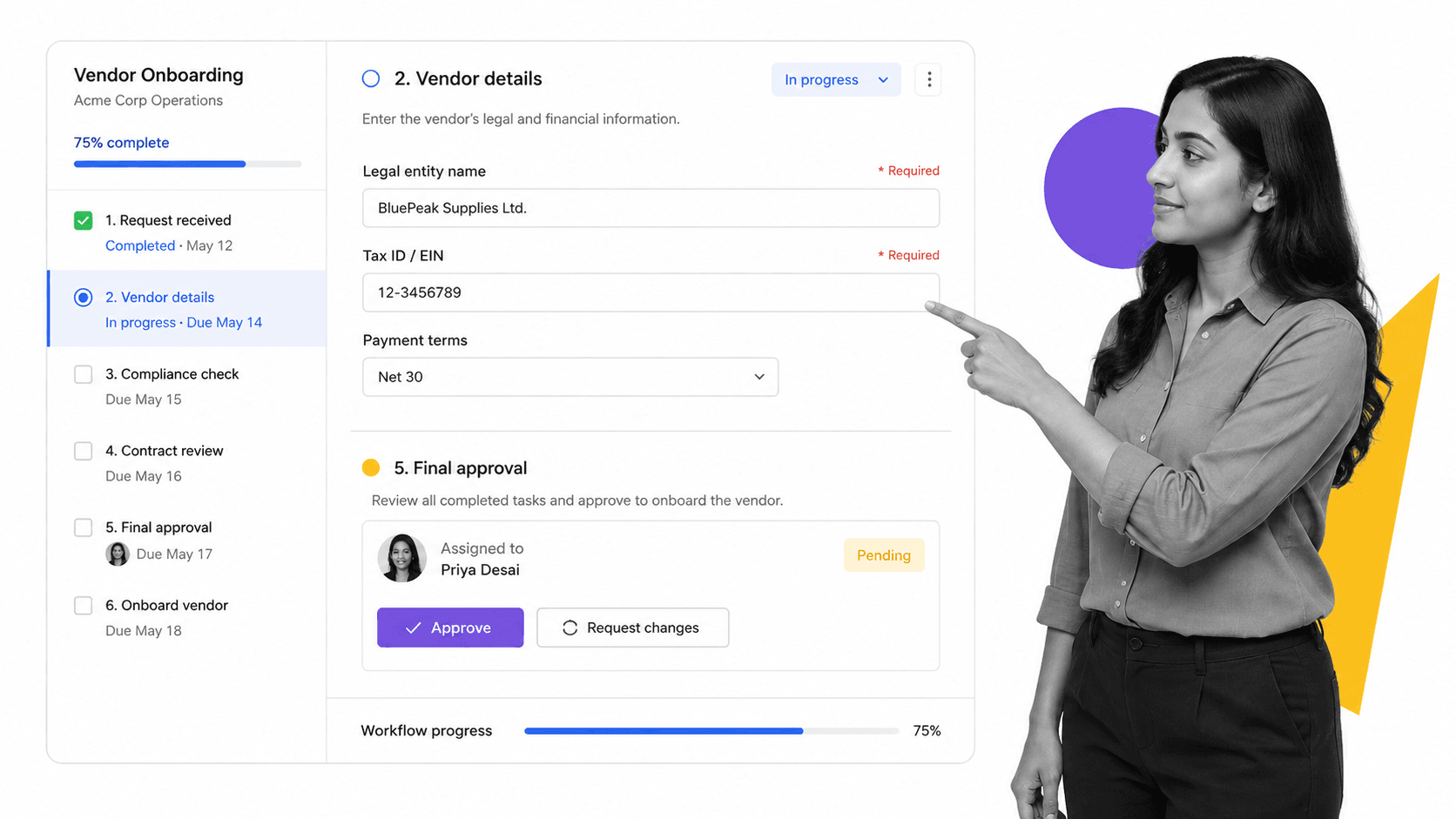 Process Street workflow run with a task checklist, required form field, and approval, shown for a Decisions alternatives comparison
