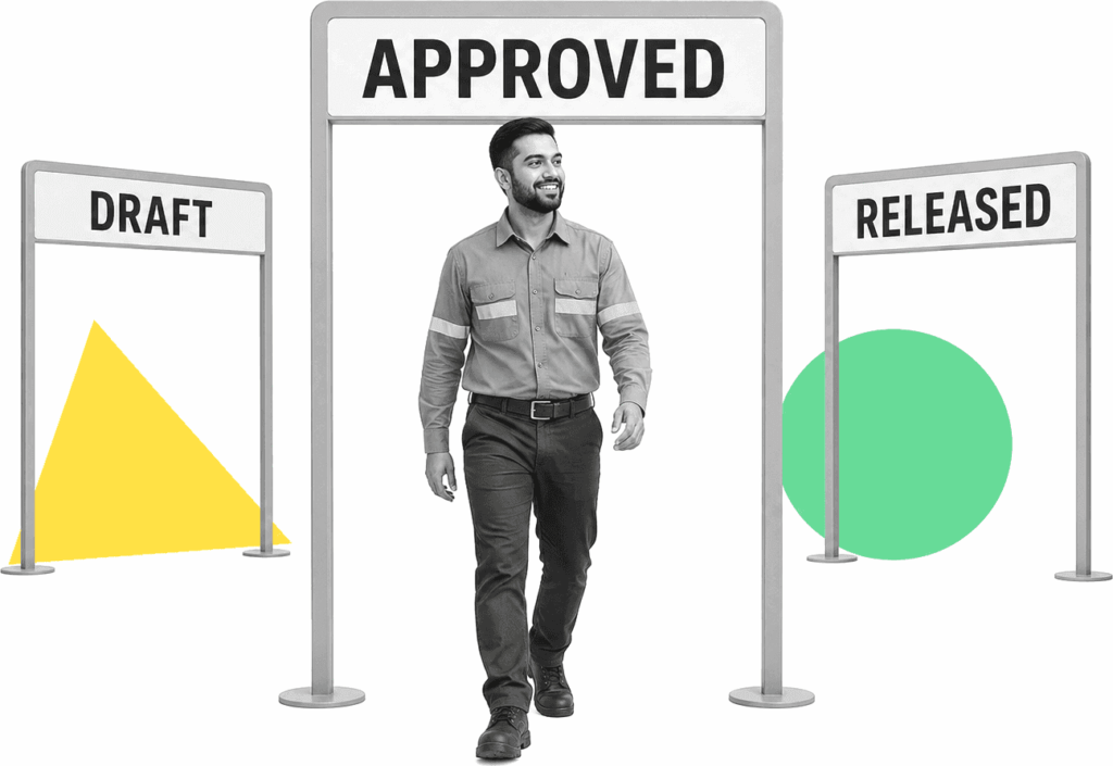A manufacturing quality engineer steps through revision gates labeled Draft, Approved, and Released.
