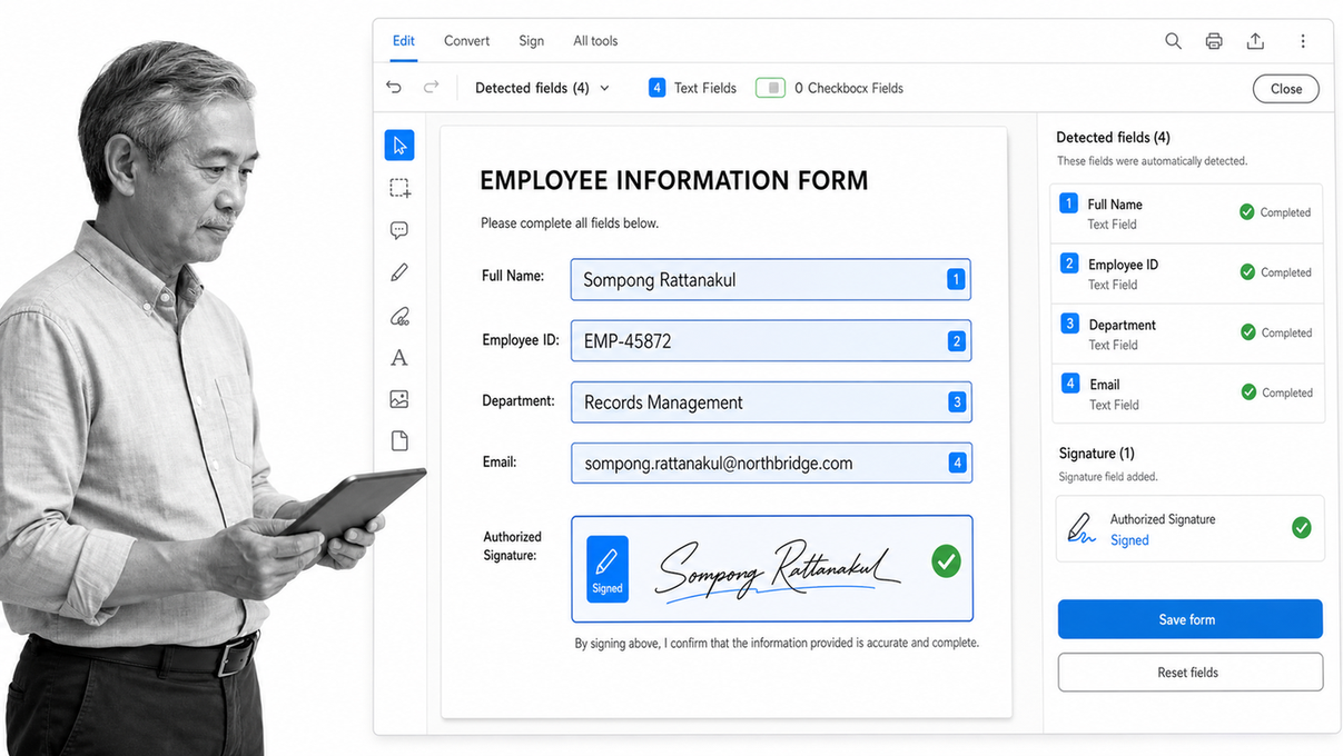 Adobe Acrobat PDF form editor with fillable fields and an electronic signature area