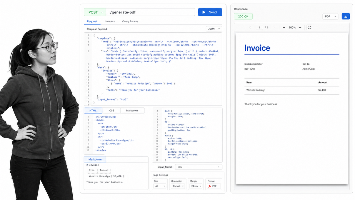 Anvil PDF generation API request beside a dynamically generated PDF preview