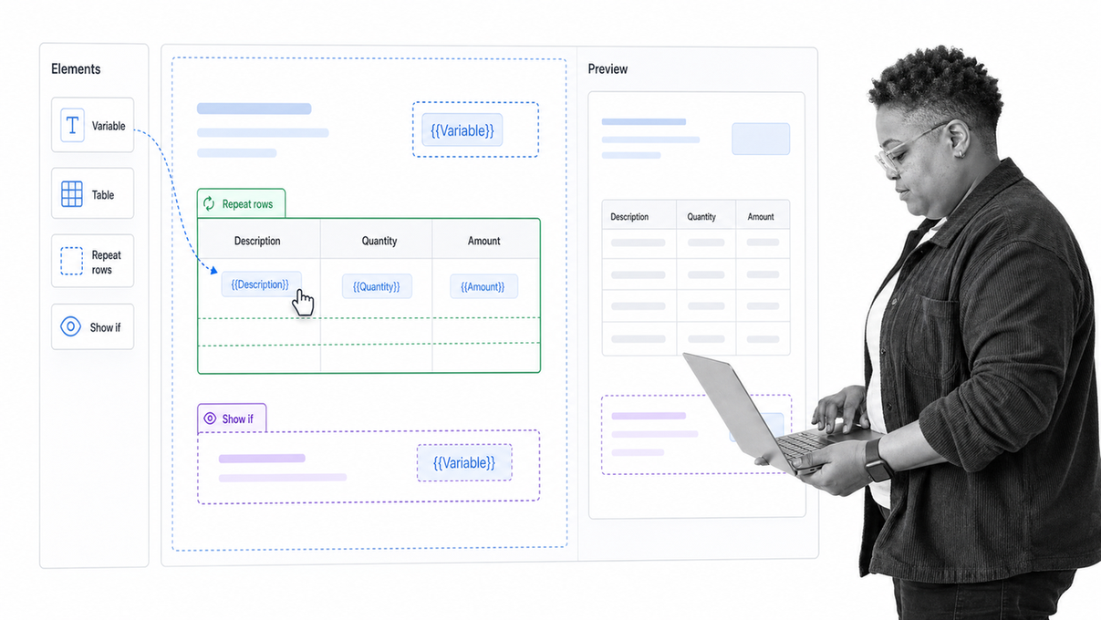 Documint visual PDF template builder with variables, repeating rows, and conditional content