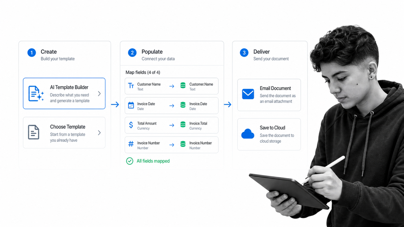 Formstack Documents flow connecting a template, business data, and document delivery