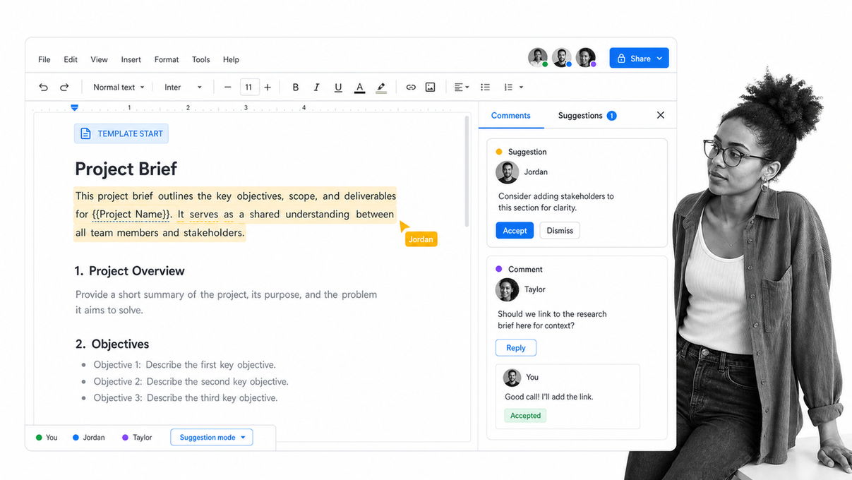Google Docs collaborative template with a suggestion, comment thread, and active collaborators