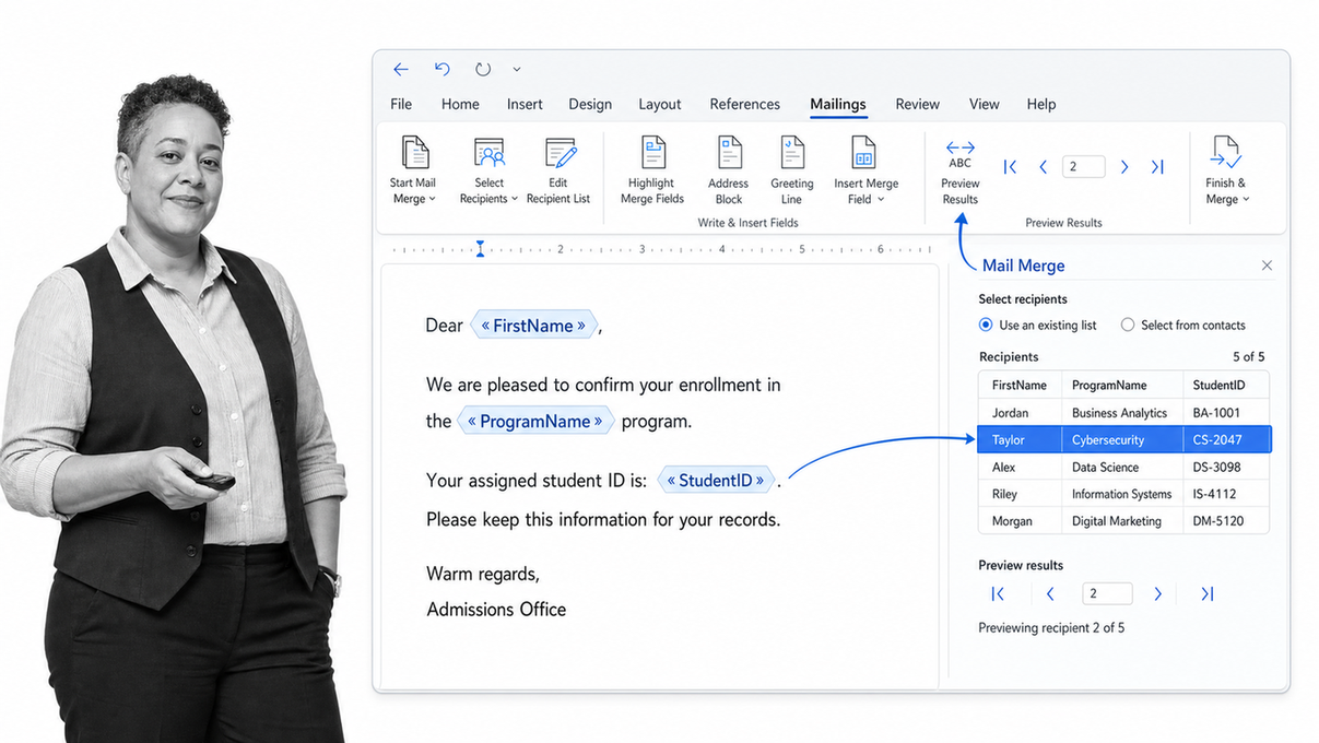 Microsoft Word mail merge document connected to recipient data and personalized preview