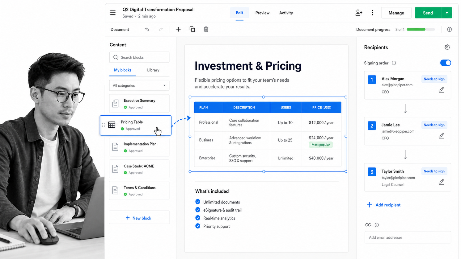 PandaDoc proposal editor with reusable content, pricing table, and signing order