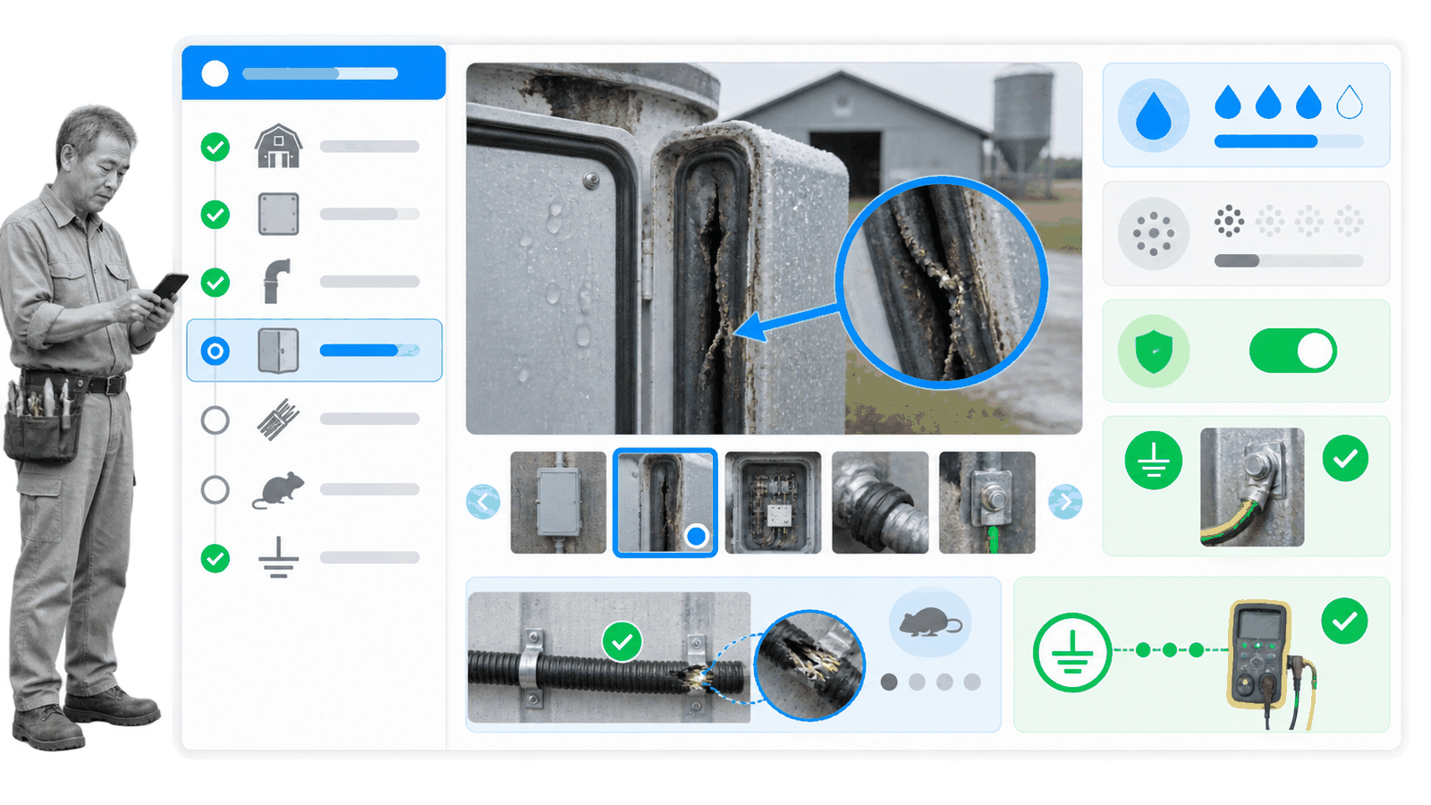 Agricultural building electrical inspection workflow with moisture, corrosion, and damage checks