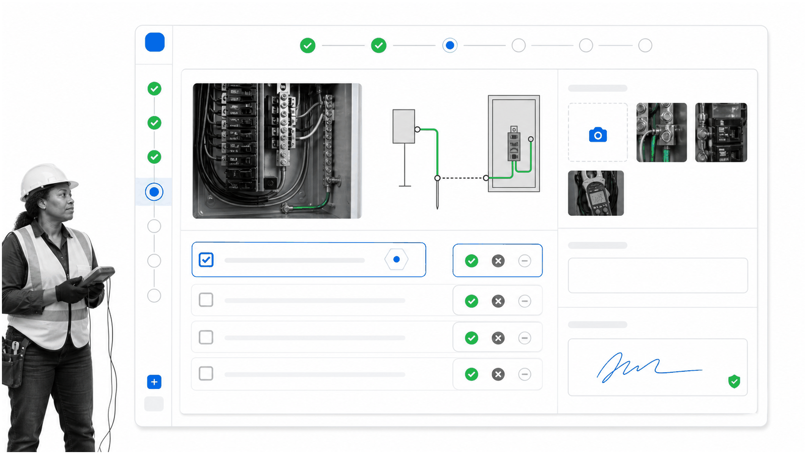 General electrical inspection workflow with grounding, bonding, protection, and evidence checks