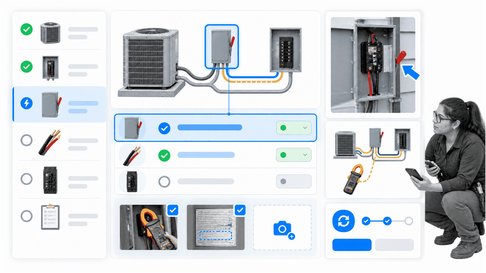 HVAC electrical inspection workflow with disconnect, conductor, and overcurrent protection checks