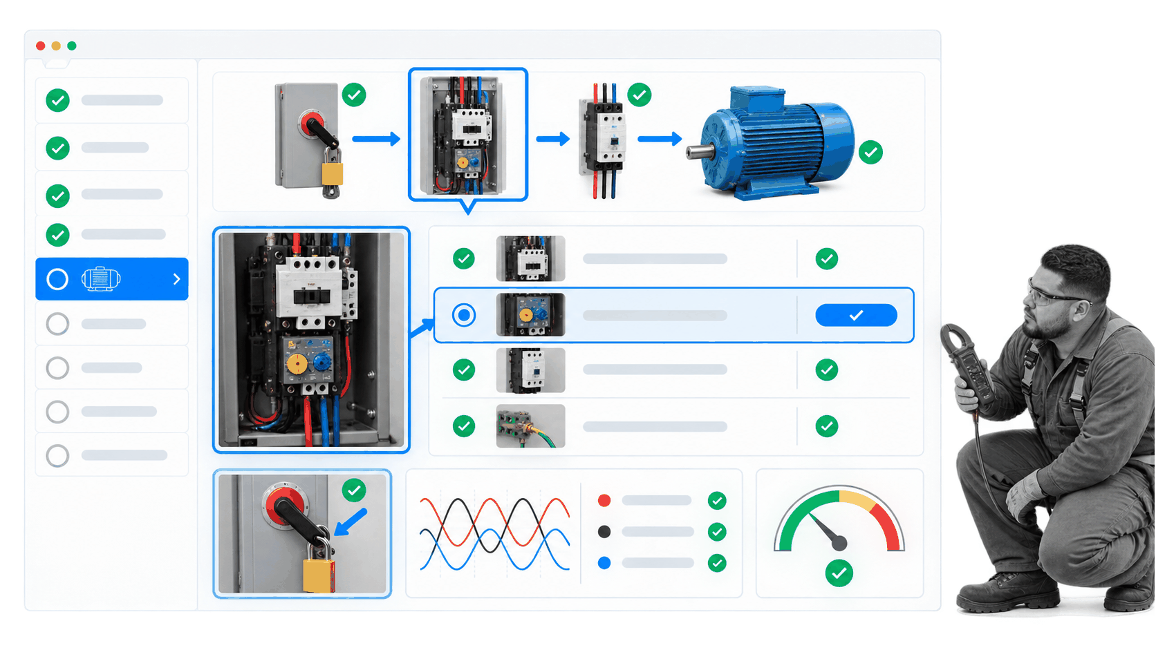 Industrial motor circuit inspection workflow with controller, disconnect, and overload protection checks