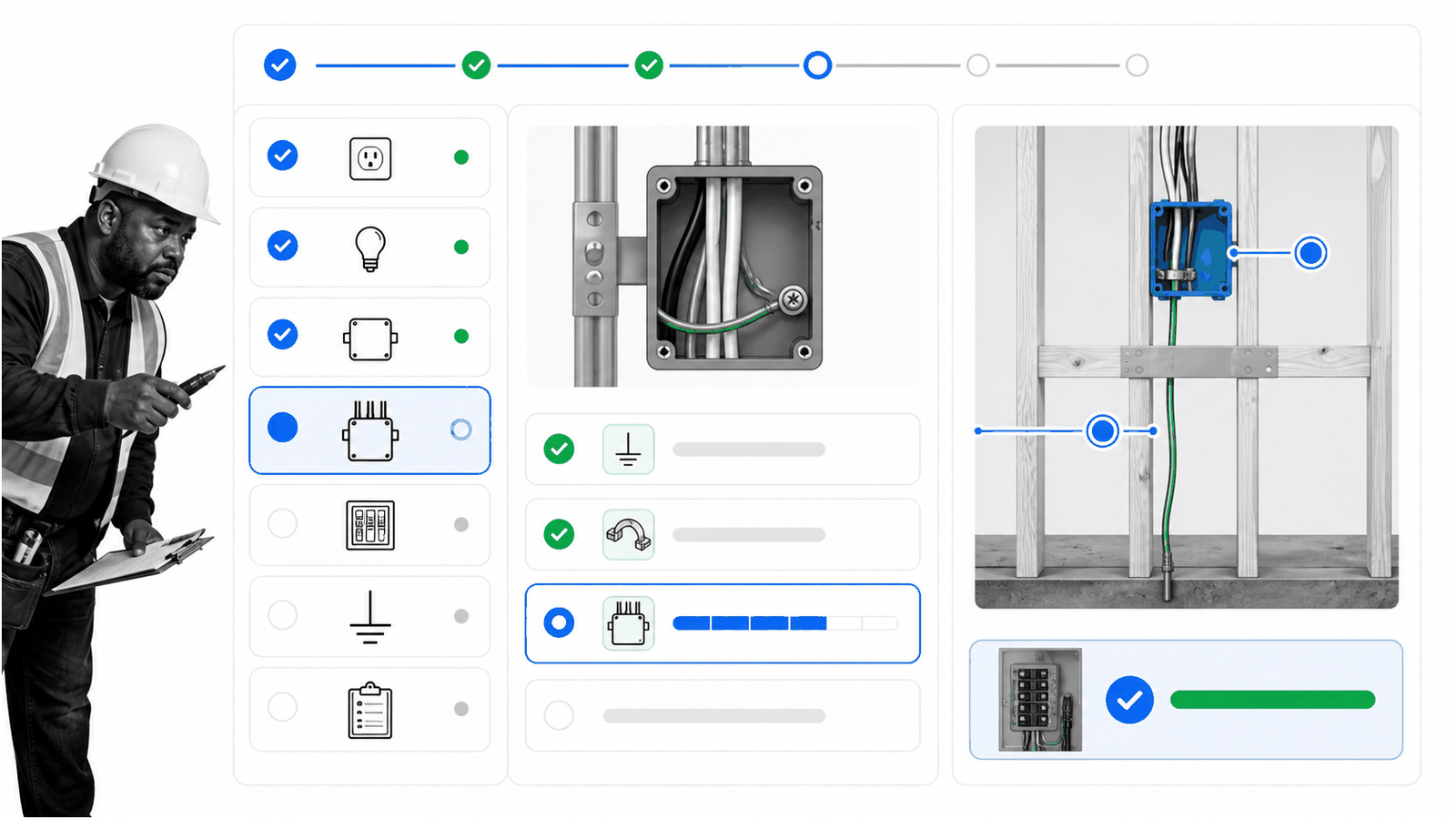Residential rough-in electrical inspection workflow with grounding, boxes, and cable checks