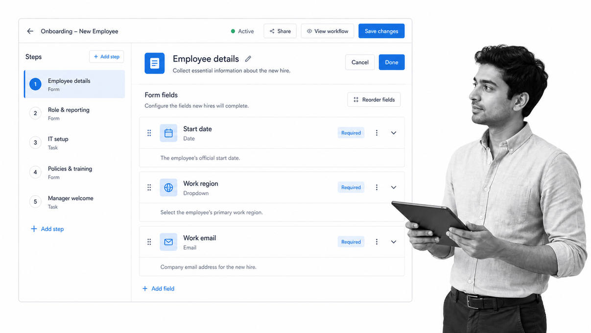 Customize employee onboarding workflow fields and steps
