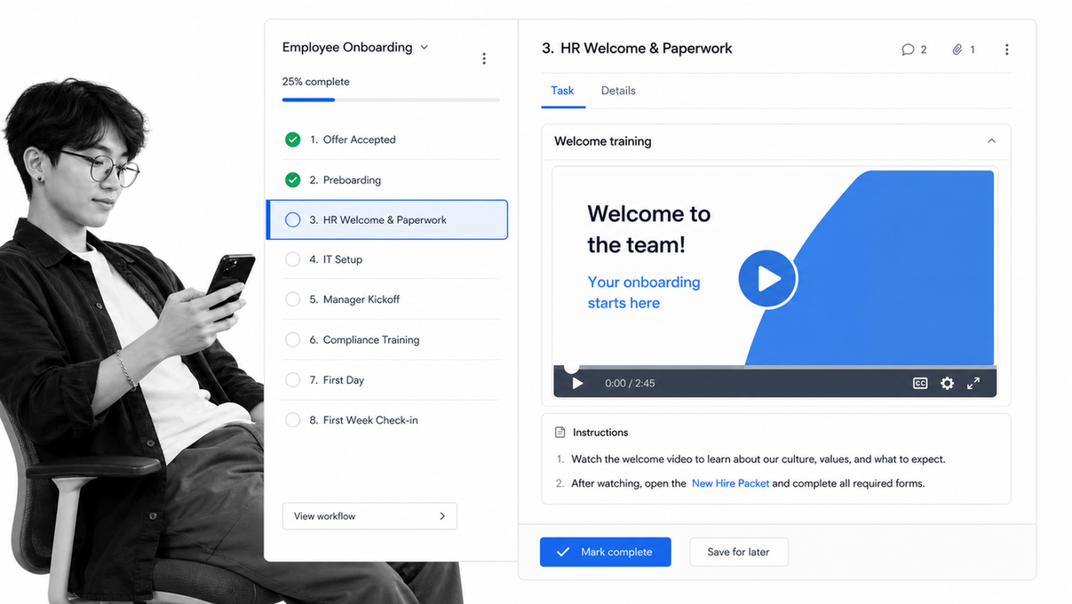 Embed welcome training directly in an employee onboarding task