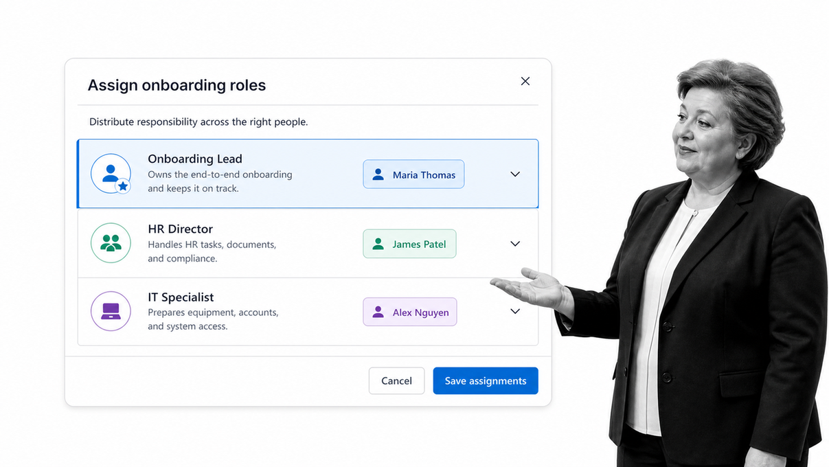 Assign onboarding responsibilities to HR and IT roles