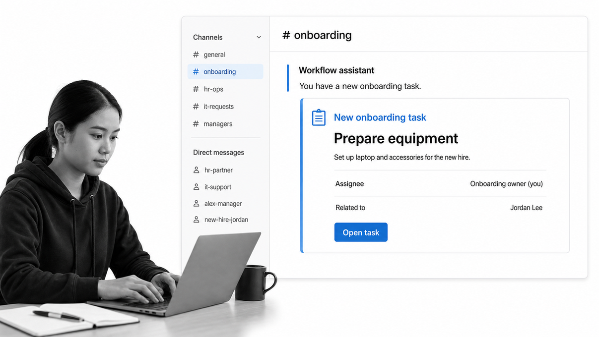 Receive an employee onboarding task notification in a team channel